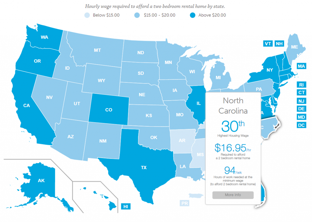 Map showing how much someone would have to make per hour to afford a two-bedroom apartment in the United States